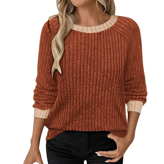 Fanxing Women's Long Sleeve Pullover Sweater Fall Fashion Color Block Crew Neck Knit Tops Casual Dressy Ribbed Lightweight Jumper Red L