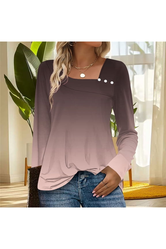 Women's Long Sleeve Shirts Casual Dressy Asymmetric Square Neck Tunic Tops Buttons Fall Fashion Gradient Blouses Brown XL