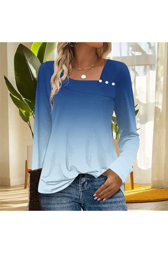 Women's Long Sleeve Shirts Casual Dressy Asymmetric Square Neck Tunic Tops Buttons Fall Fashion Gradient Blouses Navy 2XL