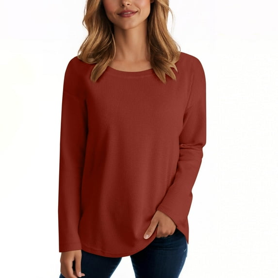 Fanxing Women's Long Sleeve Shirts Casual Waffle Knitted Solid Color 2025 Fall Top Crewneck Loose Workout Basic T-Shirts Red 2XL