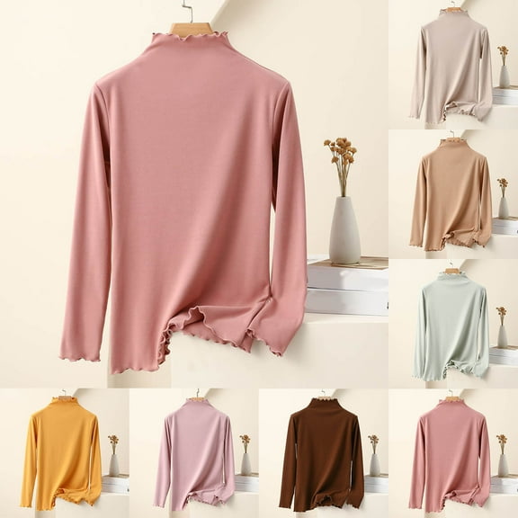 Fanxing Women's Long Sleeve Tops Solid Color Ruffles Shirts Dressy Casual Mock Neck Blouses Beige,XXL