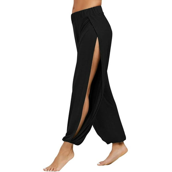 Fanxing Women's Loose Casual Linen Pants Wide Legs Summer Comfy Lounge Wear Side Slit Baggy Yoga Pants Palazzo Trousers Black Small