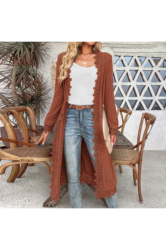 Women's Maxi Long Cardigan Sweaters Casual Dressy Lace Trim Soft Knit Shrug Jacket 2025 Fall Fashion Clothes Brown L
