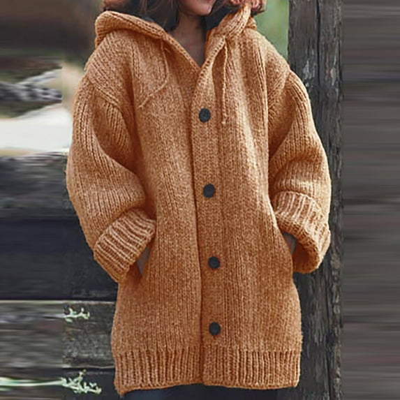 Fanxing Women's Mid-weight Thicken Long Sleeve Button Down Casual Knitted Jacket Plus Size Hooded Cardigan Sweaters Outerwear Only Sold and shipped by Fanxing
