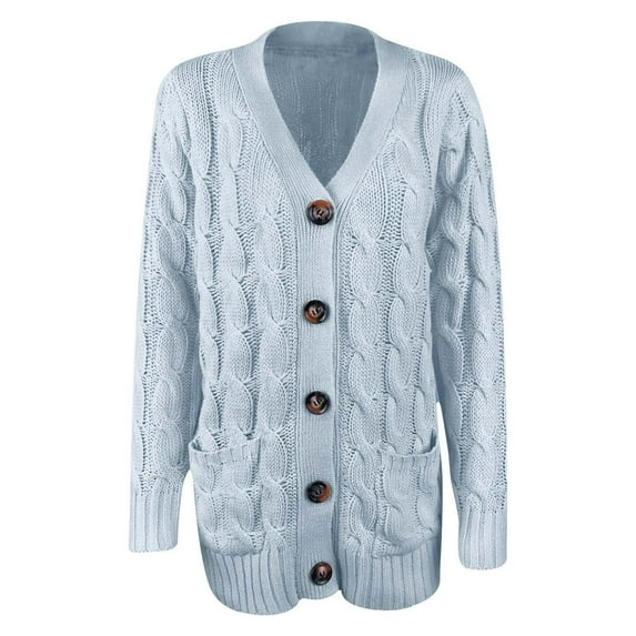 Fanxing Women's Open Front Cardigan Sweaters Fall Winter Button Down Jacket Plus Size Cable Knit Chunky Winter Outerwear Coats Light Blue 4XL