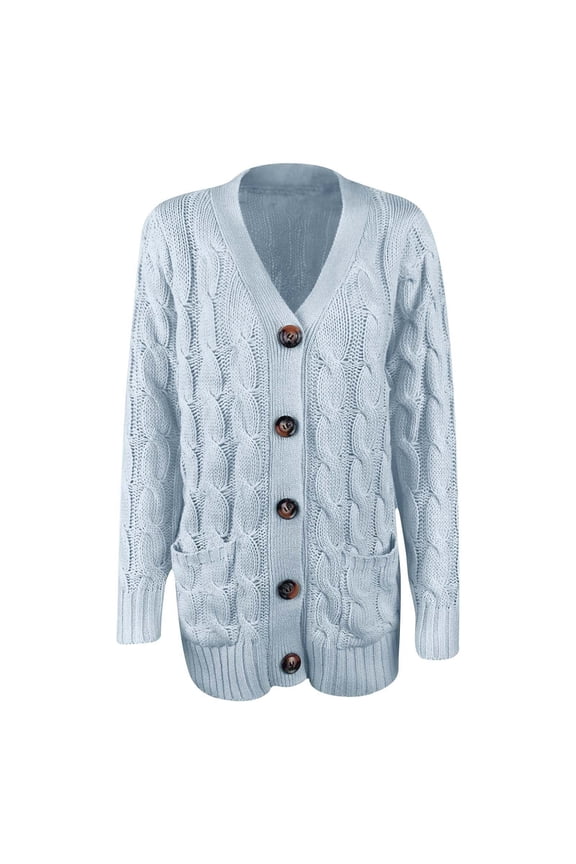 Women's Open Front Cardigan Sweaters Fall Winter Button Down Jacket Plus Size Cable Knit Chunky Winter Outerwear Coats Light Blue 4XL