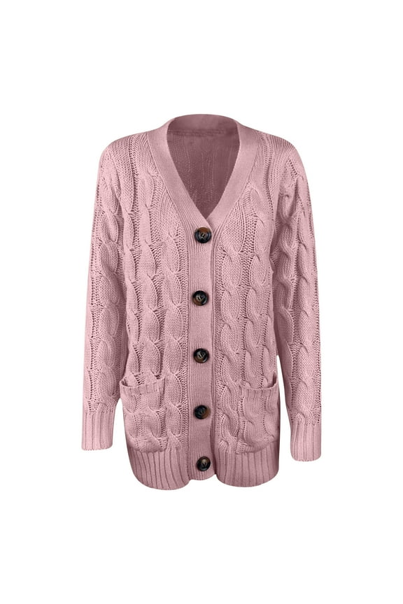 Women's Open Front Cardigan Sweaters Fall Winter Button Down Jacket Plus Size Cable Knit Chunky Winter Outerwear Coats Pink 4XL