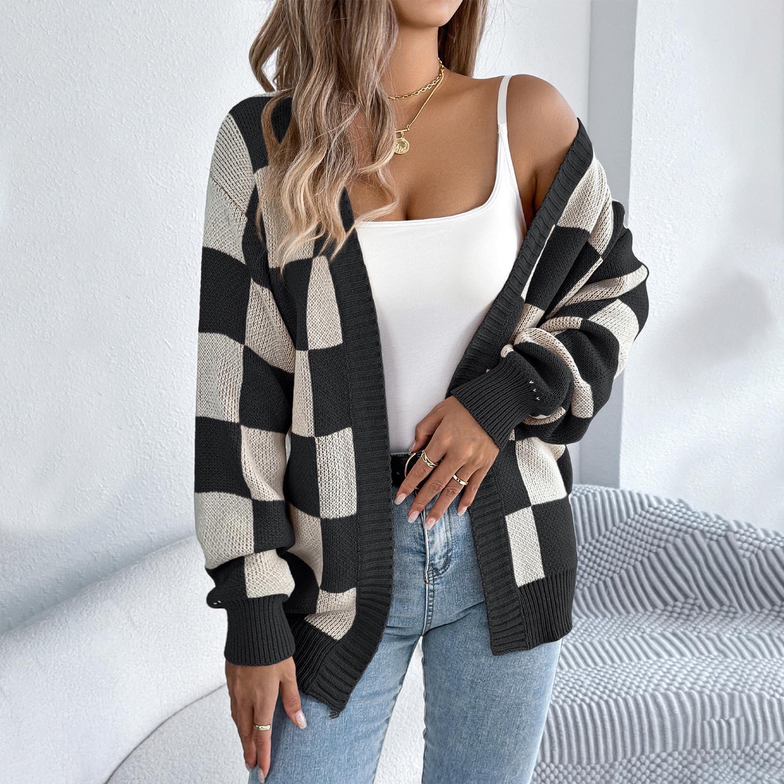 Women's Oversized Cardigan Sweater Checkered Open Front Shurg Jacket Fall Outerwear Black M
