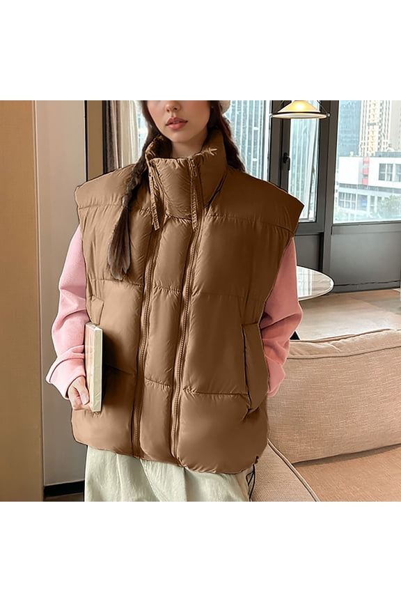 Women's Oversized Puffer Vest Lightweight Warm Sleeveless Puffy Bubble Outerwear Jackets Coats with Pockets Coffee M