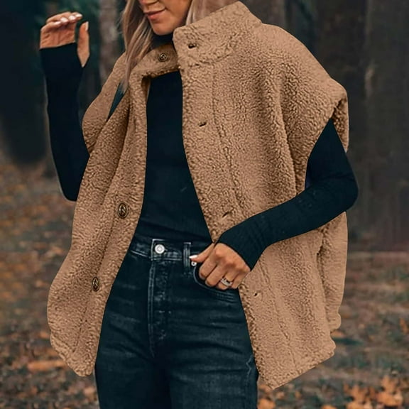 Fanxing Women's Oversized Sherpa Vest Casual Winter Warm Fleece Fuzzy Jackets Sleeveless Button Down Cozy Outerwear Khaki 2XL