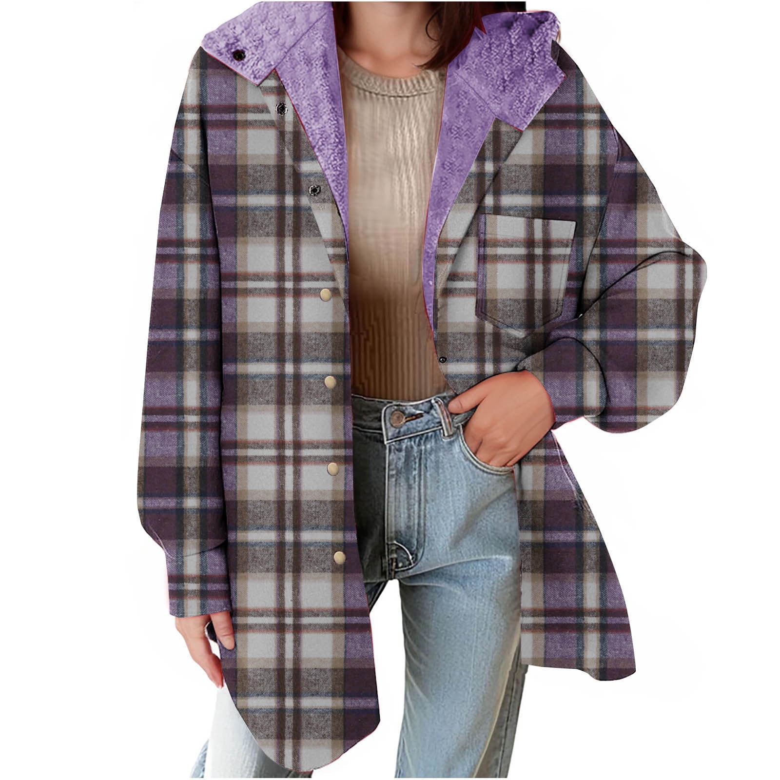 HFX Women's Relaxed Fit Front Snap Cozy Plaid Shirt Jacket
