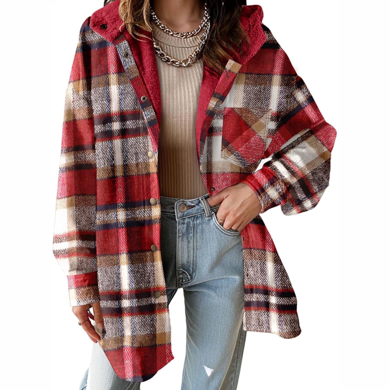 Plaid Drawstring Hooded Flannel Jacket