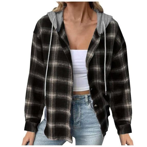 Fanxing Women's Plaid Hooded Shirt Drawstring Flannel Sweatshirt Hoodie Jacket Loose Fit Button Down Long Sleeve Shirts Casual Blouse Tops Fall Black,M