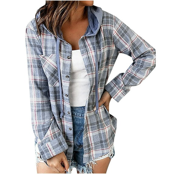 Fanxing Women's Plaid Hooded Shirt Drawstring Flannel Sweatshirt Hoodie Jacket Loose Fit Button Down Long Sleeve Shirts Casual Blouse Tops Fall Prime Deals S,M,L,XL,XXL