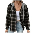 thumbnail image 1 of Fanxing Women's Plaid Hooded Shirt Drawstring Flannel Sweatshirt Hoodie Jacket Loose Fit Button Down Long Sleeve Shirts Casual Blouse Tops Fall Prime Deals Black,S, 1 of 4