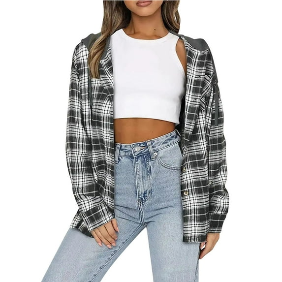 Fanxing Women's Plaid Hooded Shirt Drawstring Flannel Sweatshirt Hoodie Jacket Loose Fit Button Down Long Sleeve Shirts Casual Blouse Tops Fall S,M,L,XL,XXL