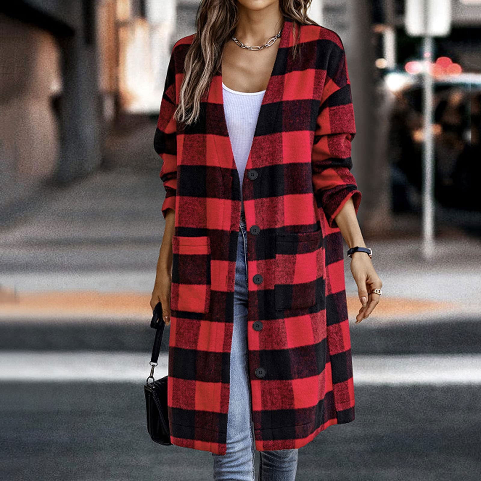 Fanxing Women's Plaid Trench Coat Oversized Casual Button Down