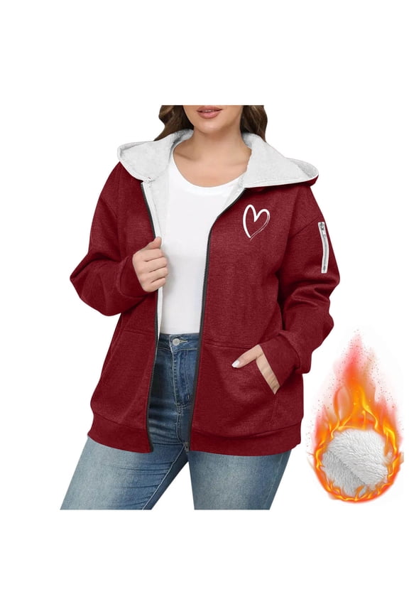 Women's Plus Size Fleece Jackets Winter Warm Zip Up Sherpa Liend Hoodies Long Sleeve Heart Print Sweatshirt Jacket Coats Red L