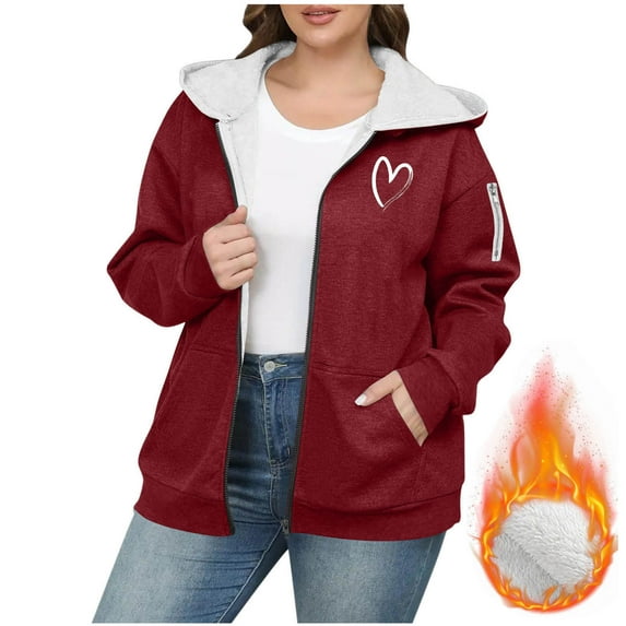 Fanxing Women's Plus Size Fleece Jackets Winter Warm Zip Up Sherpa Liend Hoodies Long Sleeve Heart Print Sweatshirt Jacket Coats Red L