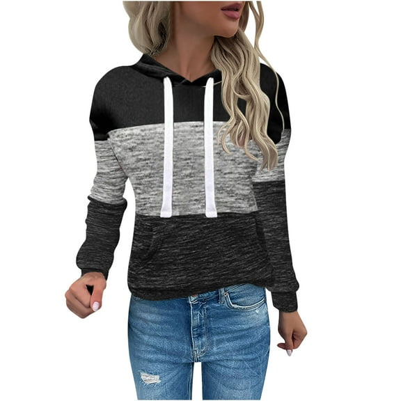 Fanxing Women's Plus Size Hoodies Color Block Drawstring Sweatshirts Casual Long Sleeve Pullover Lightweight Tops with Pocket Account Purchase History Recent Orders Black,S