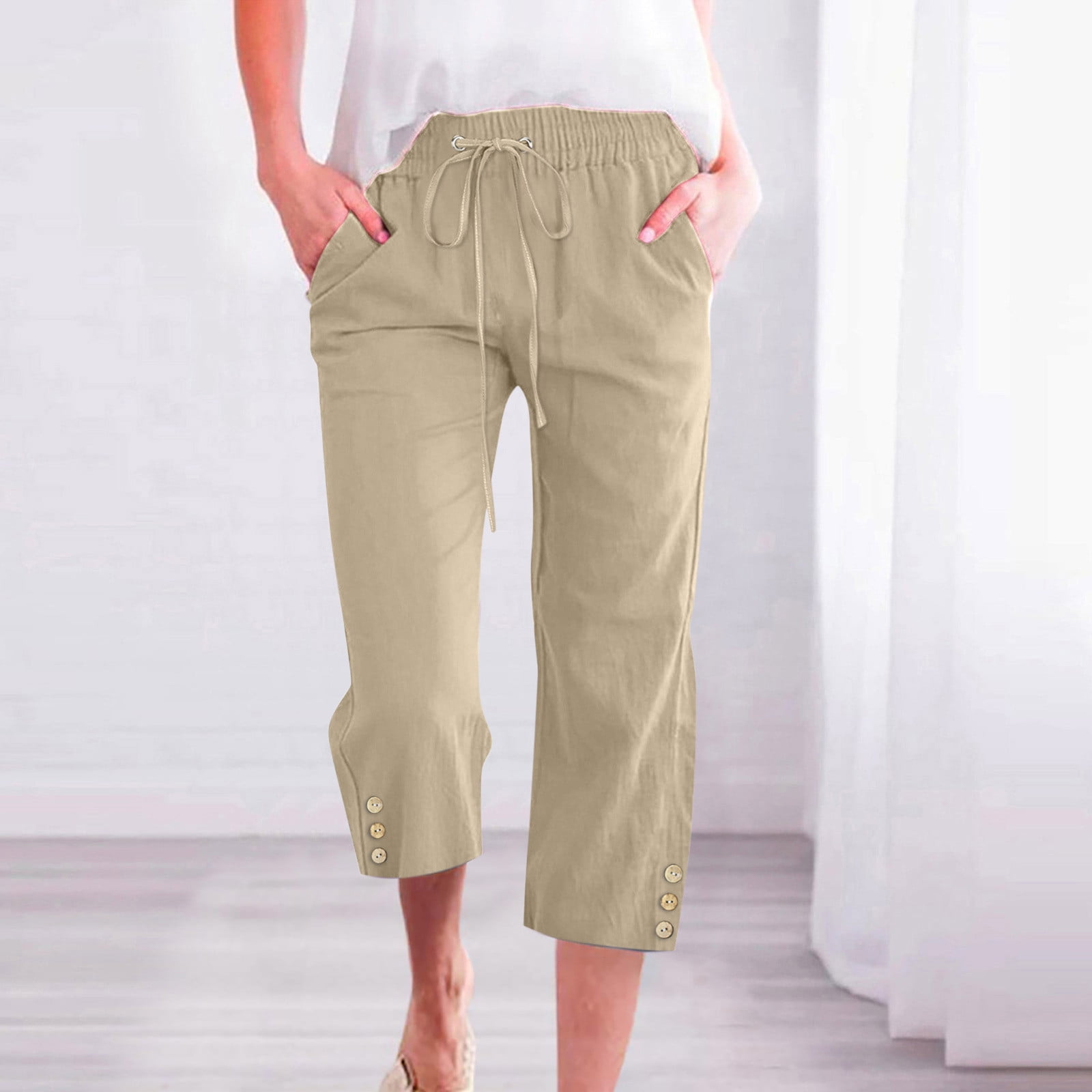 Fanxing Women's Plus Size Linen Wide Leg Palazzo Culottes Pants Elastic ...