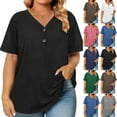 thumbnail image 1 of Fanxing Women's Plus Size Long Tunic Tops To Wear With Leggings Green Buttons V Neck Dressy Blouses Short Sleeve Tshirts, 1 of 8