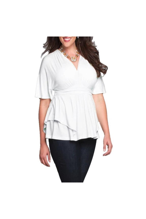 Women's Plus Size Ruffle Tunic Tops Short Sleeve V Neck Casual Shirts Dressy Pleated Wrap Shirt Blouses White 2XL