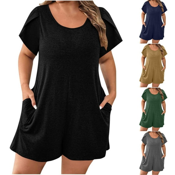 Fanxing Women's Plus Size Shorts Jumpsuits Dressy Rompers Casual Short Sleeve Suspender Jumpsuit Overalls with Pockets Navy,XXL