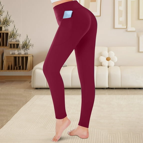 Fanxing Women's Plus Yoga Pants with Side Pockets High Waisted Tummy Control Workout Leggings for Gym Running Wine XL