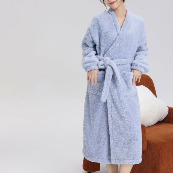 Fanxing Women's Plush Soft Fleece Robes Terry Cloth Kimono Bathrobe Thick Cozy Warm Spa Sleepwear Loungewear Blue Free Size