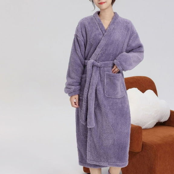 Fanxing Women's Plush Soft Fleece Robes Terry Cloth Kimono Bathrobe Thick Cozy Warm Spa Sleepwear Loungewear Purple Free Size