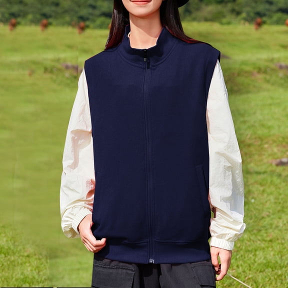 Fanxing Women's Polar Fleece Vest, Stand Collar Sleeveless Sherpa Jacket Lightweight Zip Up Travel Warm Gilet Navy 4XL
