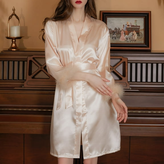 Fanxing Women's Satin Robe Short Lightweight Valentines Day Silk Bridal Wedding Party Bridesmaid Robes Sleepwear Beige XL