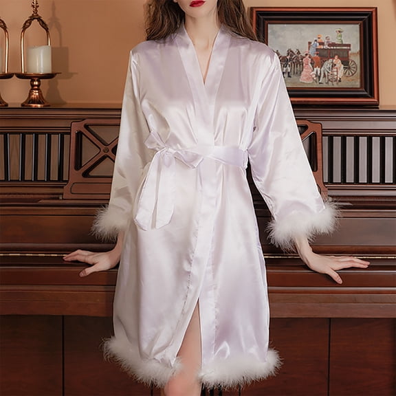Fanxing Women's Satin Robe with Furry Trim Silk Robes Bridesmaid Robes Bridal Dressing Gowns Wedding Party Sleepwear White L