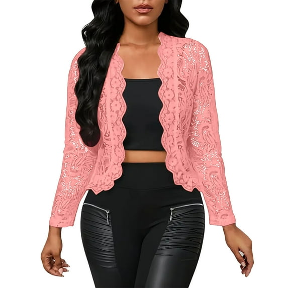 Fanxing Women's Sheer Lace Shrug Bolero Long Sleeve Open Front See Through Cardigans Watermelon Red M