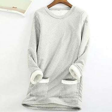 Fanxing Women's Sherpa Lined Sweatshirt 2025 Winter Warm Loose Plush Pullover Fuzzy Fleece Thermal Tops Crewneck Long Sleeve Lounge Top Beige,L