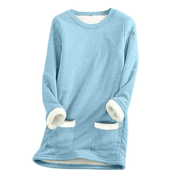 Fanxing Women's Sherpa Lined Sweatshirt 2025 Winter Warm Loose Plush Pullover Fuzzy Fleece Thermal Tops Crewneck Long Sleeve Lounge Top Light Blue,XL
