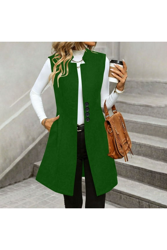 Women's Sleeveless Long Blazer Vest Open Front Elegant Business Work Cardigan Jacket Coat Green S