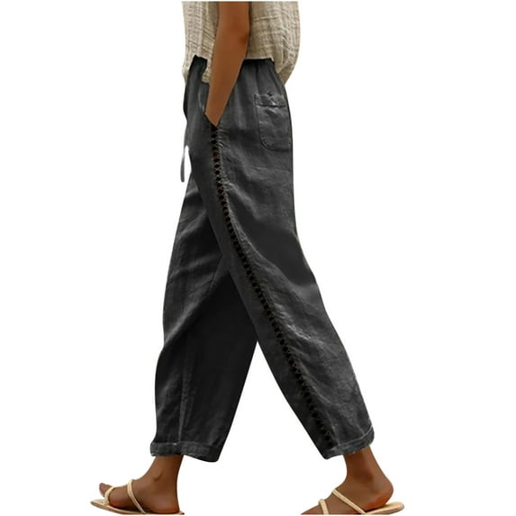 Fanxing Women's Slim Fit High Waist Linen Pants Summer Casual Capris Trousers Elastic Wasit Drawstring Wide Leg Flowy Beach Pants Clearance Deals 2023 Women Pants Dark Gray,M