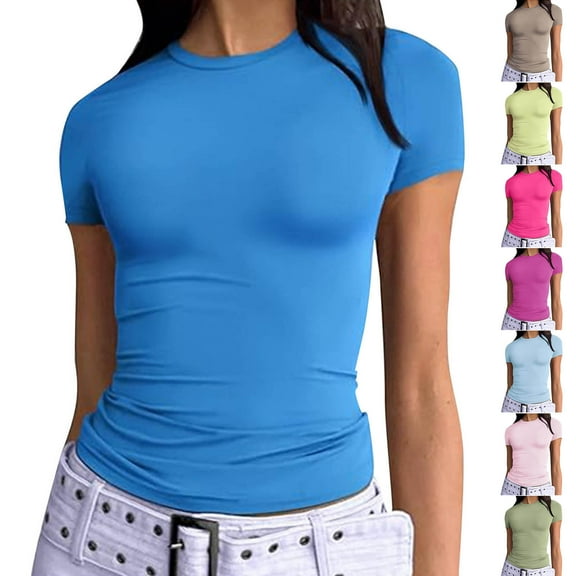 Fanxing Women’s Slim Fit T-Shirt 4-Way Stretch Short Sleeve Tees for Summer Yoga Gym Everyday Petite Women Y2k Tshirts Bodycon Tops Pink,L