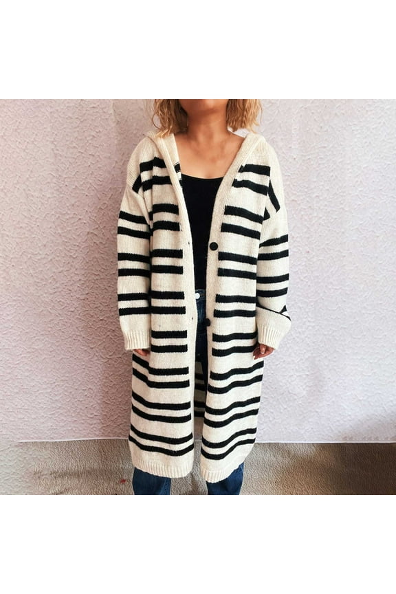 Women's Striped Hooded Cardigan Vintage Color Block Button Down Sweater Cozy & Stylish Long-Line Knitwear White M