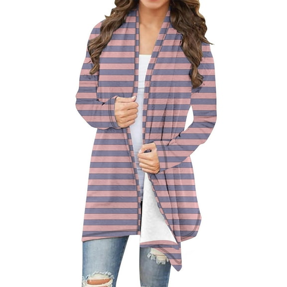 Fanxing Women's Striped Open Front Cardigans - 2025 Fall Lightweight Loose Long Sleeve Plus Size Casual Shrug Jackets Pink 4XL