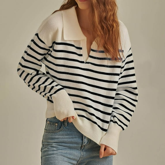 Fanxing Women's Striped Pullover Sweaters Collared Lightweight Long Sleeve V Neck Fall Knitted Tops Gray L