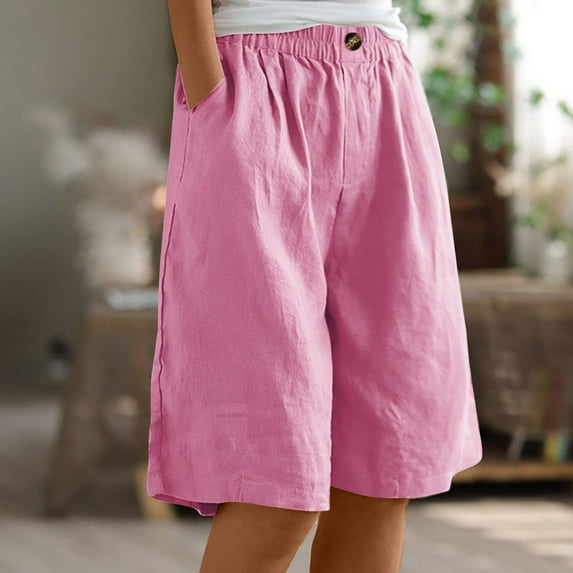 Fanxing Women's Summer Cotton Linen Bermuda Shorts Loose Fit Elastic Waist Knee Length Shorts Breathable Soild Beach Shorts with Pocket S-19XL