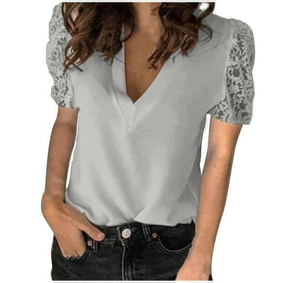 Fanxing Women's Summer Tops Plus Size Short Sleeve Tees Shirts Lace Puff Sleeve Tshirt Blouse Dressy Casual Slim Blouse V-Neck Shirts Gray,XL Female