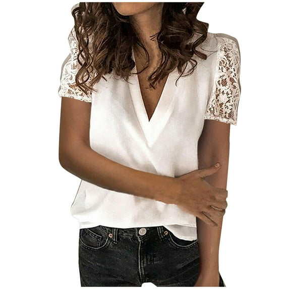 Fanxing Women's Summer Tops Plus Size Short Sleeve Tees Shirts Lace Puff Sleeve Tshirt Blouse Dressy Casual Slim Blouse V-Neck Shirts White,XL Female