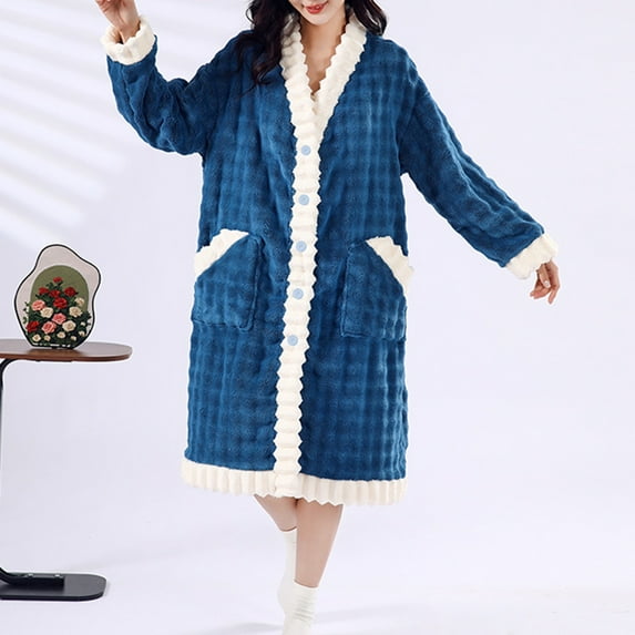 Fanxing Women's Thickened Plush Robes - Cozy Warm Button Down Colorblock Bathrobe Soft Fleece Nightgown Sleepwear with Pockets Blue Free Size