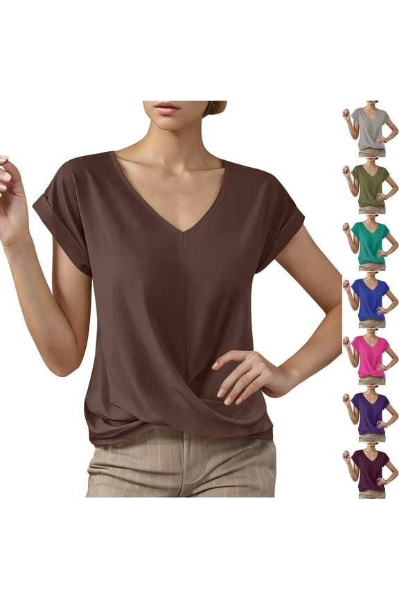 Women's Tops Short Sleeve Twist Knotted T Shirts Comfort Summer V Neck Tunic Blouse Purple,M