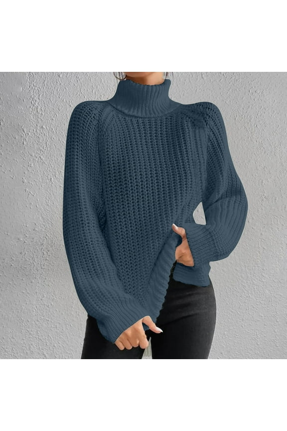 Women's Turtleneck Sweaters Slouchy Knit Chunky Sweater Fall Winter Fashion Cable Weaving Long Sleeve Pullover Blue 3XL