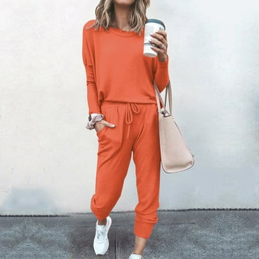 Fanxing Women's Two Piece Outfits Solid Long Sleeve Sweatshirt and Jogger Pants Lounge Sweatsuit Sets Lightweight Tracksuit with Pockets Holiday Deals Orange,S
